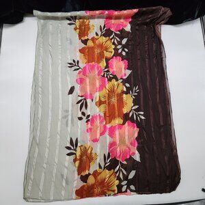 Accordion Pleated Rectangle Scarf Brown Gray Pink Floral Polyester 23"x60" B&K
